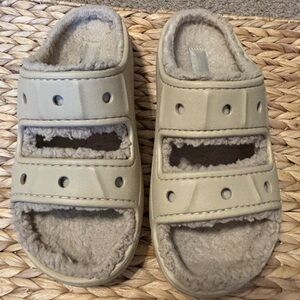 CROCS Women's Fuzzy Slide Sandals in Beige